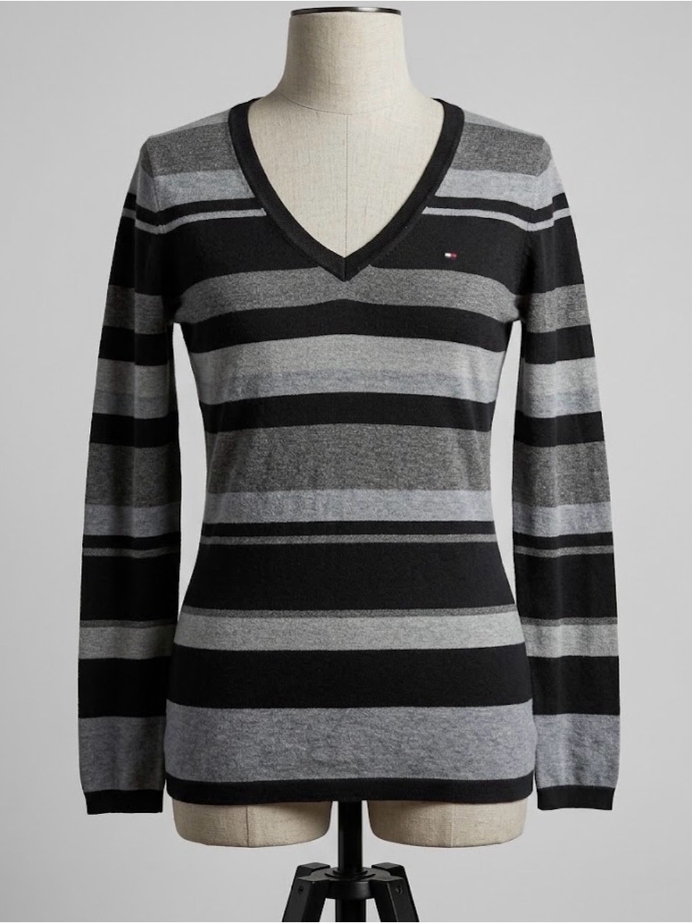 Tommy Hilfiger Striped V-neck Sweater Metallic Sparkle Preppy Y2K Goth Alt XS